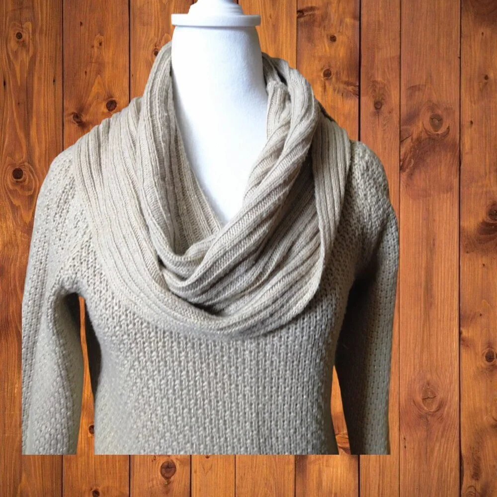 STYLE & CO 3/4 Sleeve Cowl Neck Sweater Beige Metallic Neutral Size Small